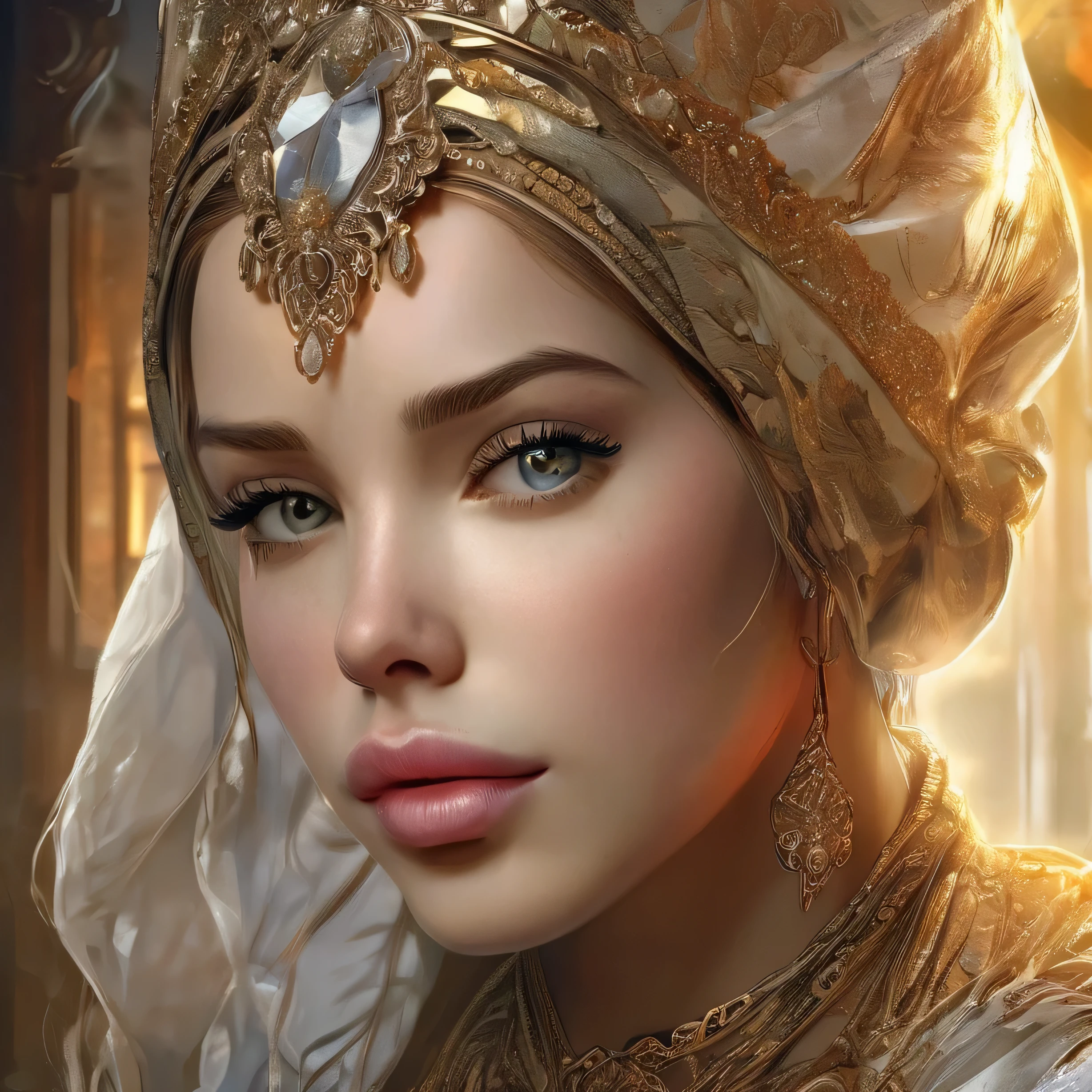 masterpiece, best quality, 1 girl, solo, laurence bedard, glossy, beautiful detailed eyes, beautiful detailed lips, extremely detailed face, longeyelashes, elegant, graceful, serene, peaceful expression, intricate jewelry, ornate headpiece, flowing dress, cinematic lighting, warm golden tones, dramatic backlighting, highly detailed, photorealistic, digital painting