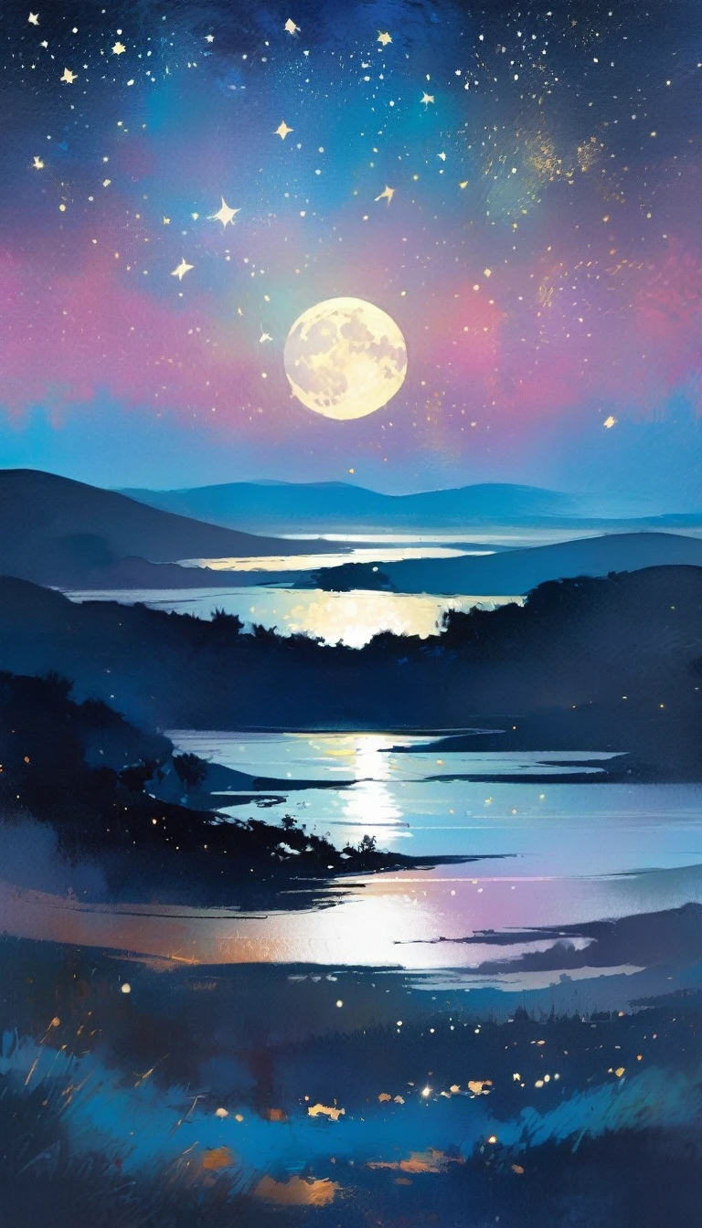 Magie, fantastisch, Nachthimmel, Mond, Sterne, Hintergrund, (einfaches Ölgemälde im Stil von Bill Sienkiewicz)
