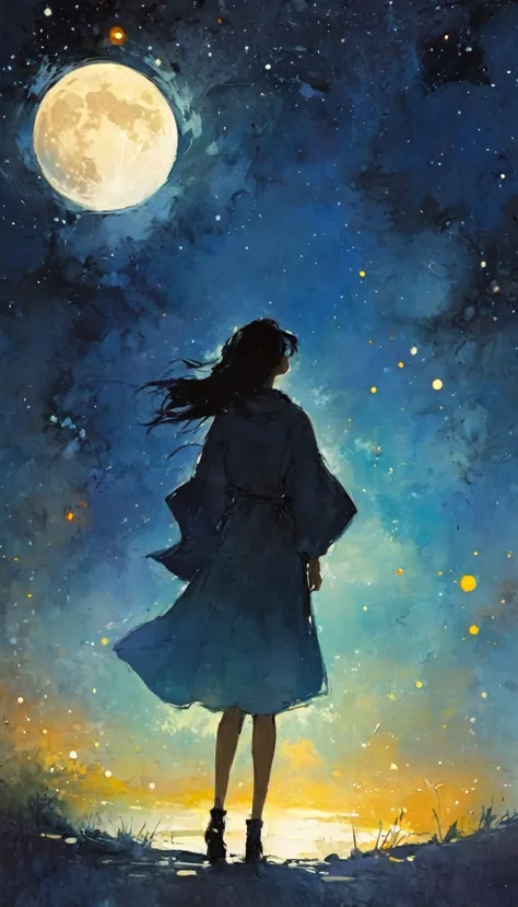 magic, fantastic, night sky, moon, stars, background, (simple oil painting in a style to Bill Sienkiewicz)
