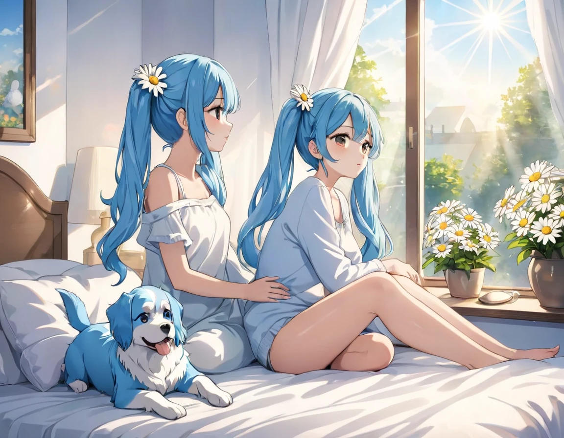 The room is decorated with many daisies.、Margaret flowers on the windowsill、The morning sun is shining、Long light blue hair、Beautiful girl with twin tails、sitting on a bed with a big pillow、A dog is watching next to the beautiful girl.