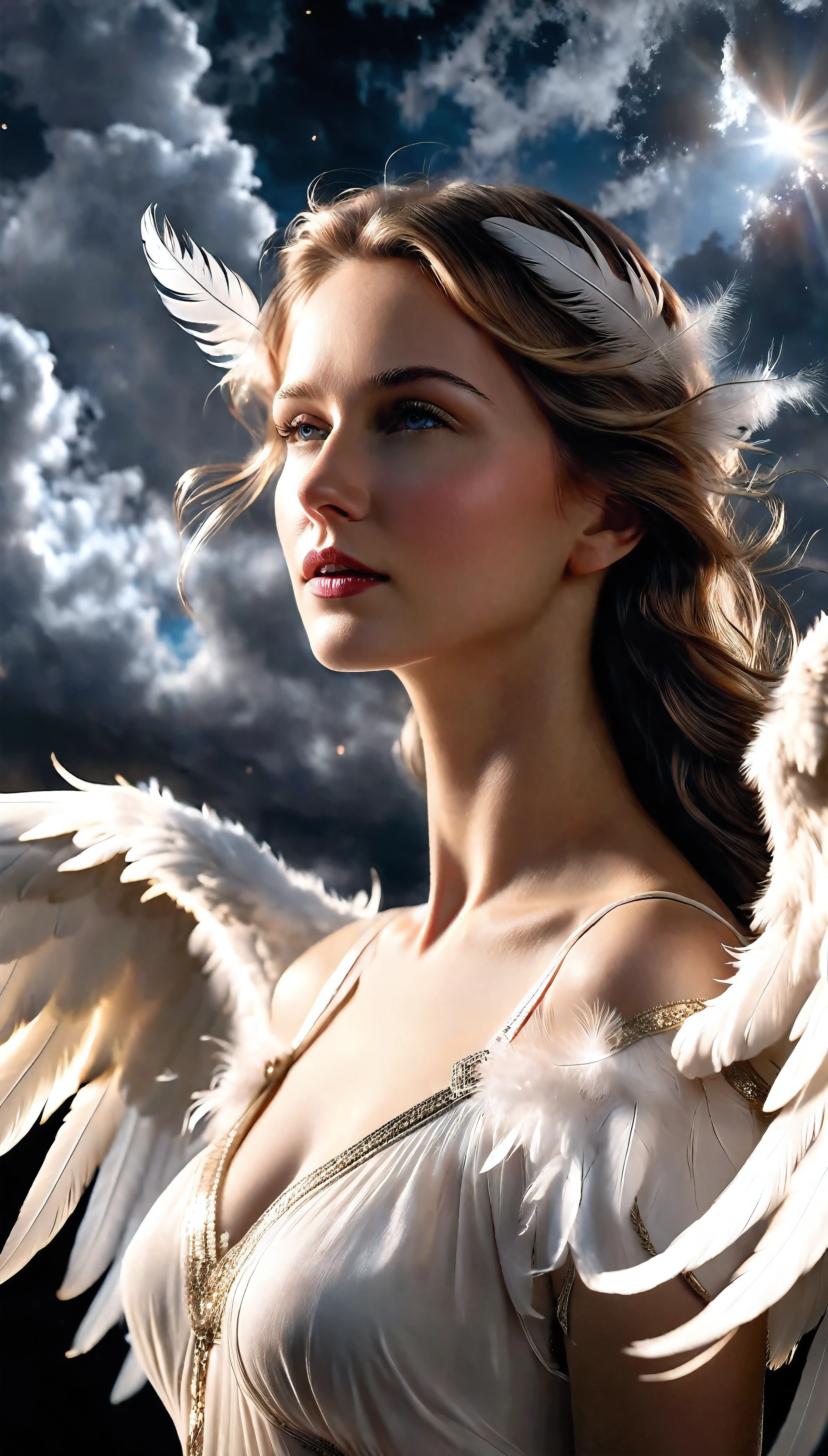 ((Masterpiece in maximum 16K resolution):1.6),((soft_color_photograpy:)1.5), ((Ultra-Detailed):1.4),((Movie-like still images and dynamic angles):1.3). | (cinematic photo shot of beautiful Angel on the sky), (Beautiful Angel), (tyndall effect), (a lot of feathers), (clouds), (halo), (shimmer), (visual experience), (Realism), (Realistic),award-winning graphics, dark shot, film grain, extremely detailed, Digital Art, rtx, Unreal Engine, scene concept anti glare effect, All captured with sharp focus. | Rendered in ultra-high definition with UHD and retina quality, this masterpiece ensures anatomical correctness and textured skin with super detail. With a focus on high quality and accuracy, this award-winning portrayal captures every nuance in stunning 16k resolution, immersing viewers in its lifelike depiction. | ((perfect_composition, perfect_design, perfect_layout, perfect_detail, ultra_detailed)), ((enhance_all, fix_everything)), More Detail, Enhance.