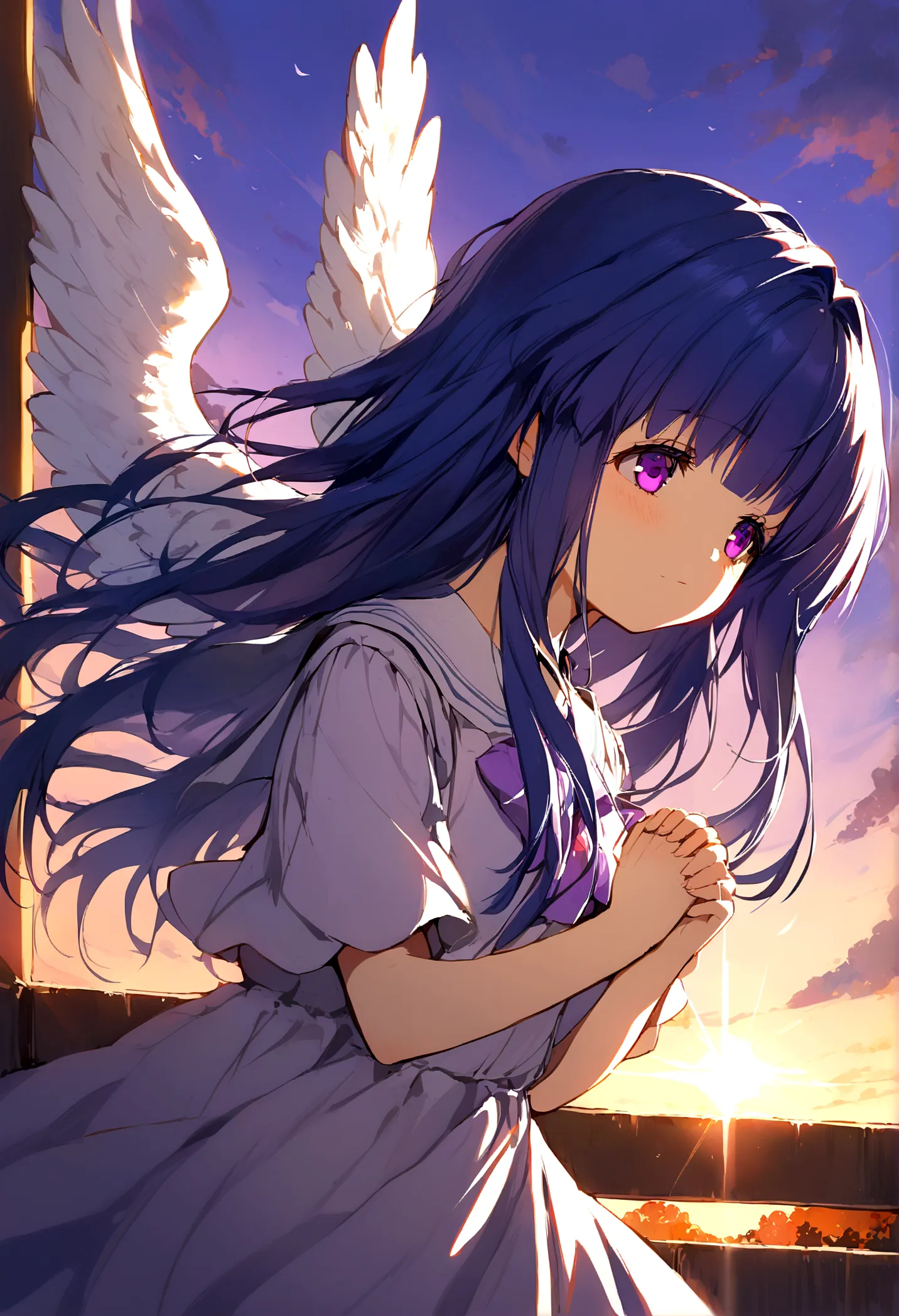 (furude rika), blue hair, purple eyes, 1 girl, alone, (angel), sunset, orange and purple sky, bridge of light, light shines on t...