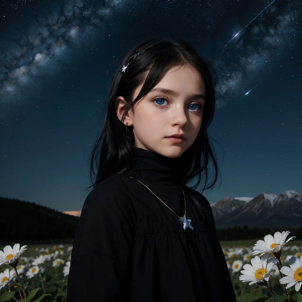 Retraction-up photo, a little 9-year-old goth girl, Blue eyes black hair wearing a white glass, Standing on the ground, night view, Many stars in the night sky, the Milky Way, colorful flowers, Headshot Close -up, oil painting style, Very obvious oil painting traces, impressionist palette style, UHD 32k, Beautiful