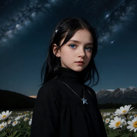 retraction-up photo, a little 9-year-old goth girl, blue eyes black hair wearing a white glass, standing on the ground, night vi...