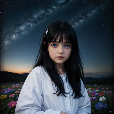 retraction-up photo, a little 9-year-old goth girl, blue eyes black hair wearing a white glass, standing on the ground, night vi...