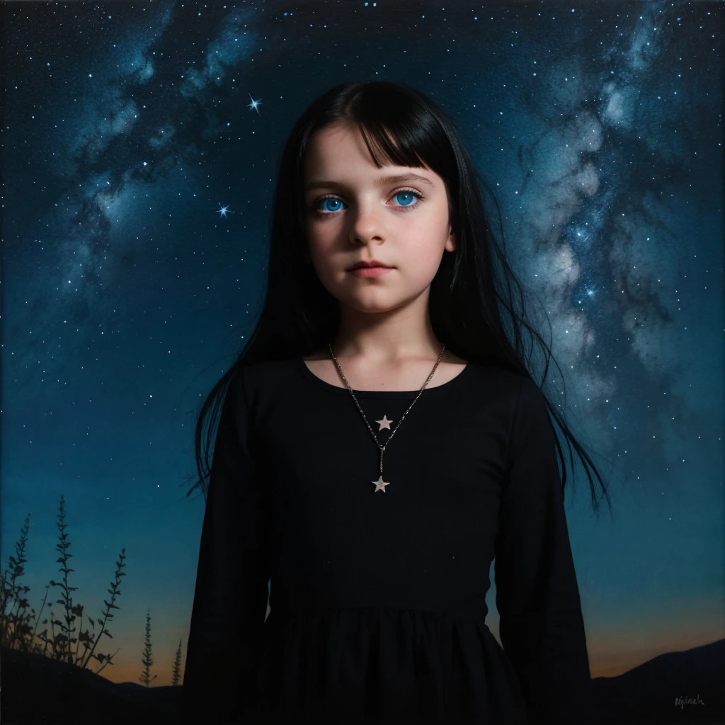 Retraction-up photo, a little 9-year-old goth girl, Blue eyes black hair wearing a white glass, Standing on the ground, night view, Many stars in the night sky, the Milky Way, colorful flowers, Headshot Close -up, oil painting style, Very obvious oil painting traces, impressionist palette style, UHD 32k, Beautiful