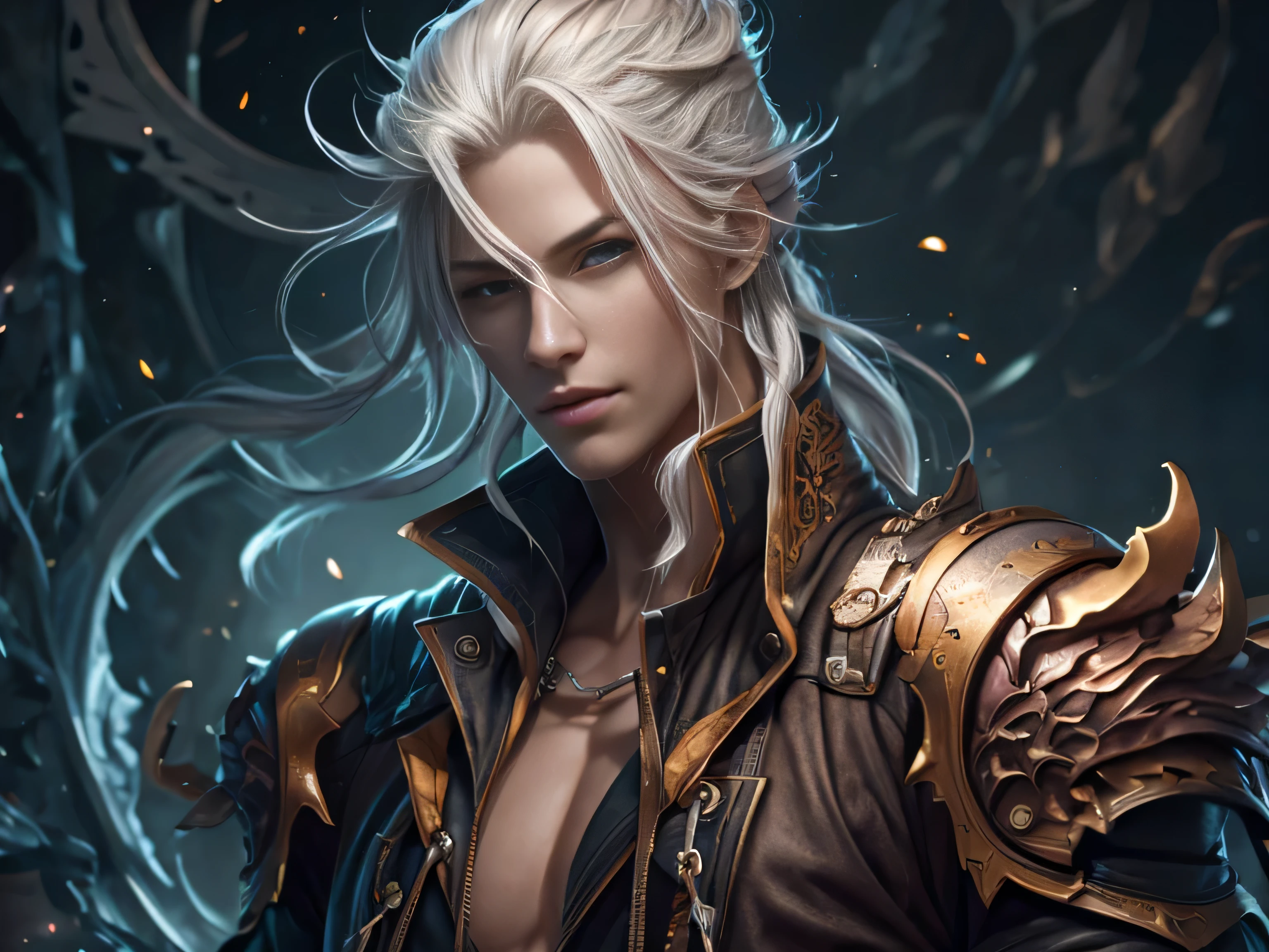 (Best Quality, 8K, Masterpiece, HDR, Soft Lighting, Picture Perfect, Realistic, Vivid), Male Humanoid Dragon (1.0), 1 Guy, Perfect Face, Super Detailed Photo of a Gorgeous Humanoid Dragon Man with Long White Hair, Side by Side lies a white dragon, Beautiful anime fantasy, background blur, anime fantasy, work in the style of Gouves, realism: 1.37, long white hair, plump lips, (Ultra high quality fantasy art), Masterpiece, male model, male character ultra high quality designs, detailed 8k anime art, realistic anime art, highest quality wallpapers, intricate ultra high quality accurate male characters faces, high quality designs and accurate physics (fantasy - ultra high quality art), dark fantasy style), masterpieces, super high quality quality characters, anime resolution - 8K, realistic anime art, wallpapers with the highest quality illustrations, ultra-high detail faces, high-quality design and accurate physics), color, depth of field, shadows, ray tracing, high-quality execution. -high quality and 8K resolution, (Accurate simulation of the interaction of light and materials)], [High-quality hair detail [Read more about beautiful and shiny white hair]], (Beautifully detailed hands [perfect fingers [Perfect nails]]], (perfect anatomy ( perfect proportions)))) [[Full-length]], [Perfect combination of colors (Accurate imitation of the interaction of light and material)], [art that conveys the meaning of the story](modified)