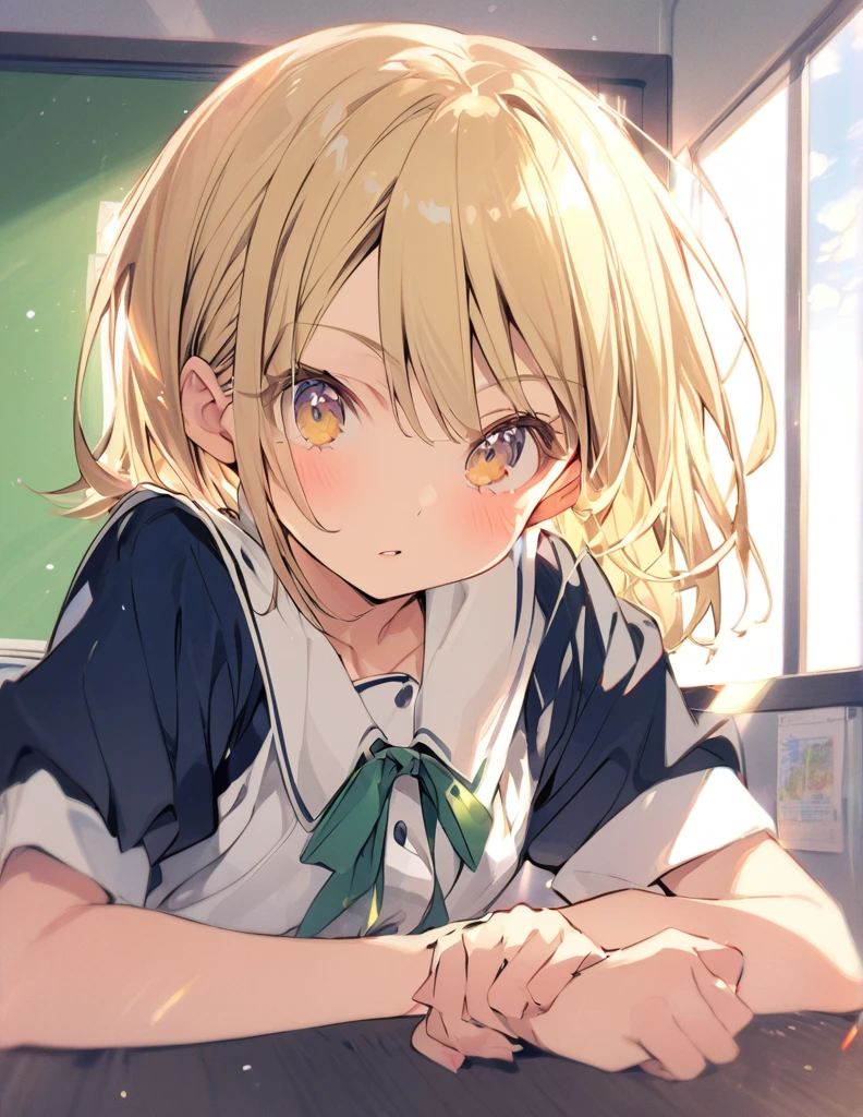 Blonde short hair Junior high school girl  照れる