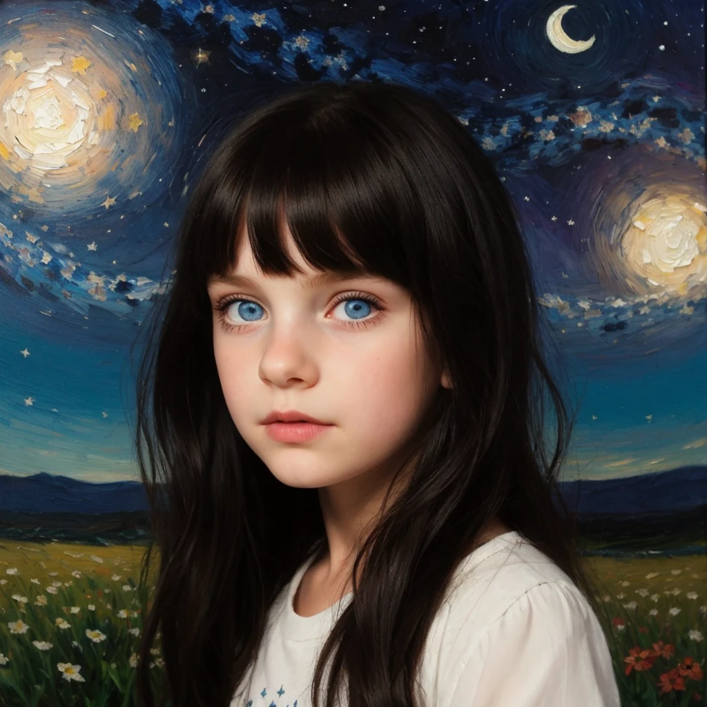 Retraction-up photo, a little 9-year-old goth girl, Blue eyes black hair wearing a white glass, Standing on the ground, night view, Many stars in the night sky, the Milky Way, colorful flowers, Headshot Close -up, oil painting style, Very obvious oil painting traces, impressionist palette style, UHD 32k, Beautiful, 