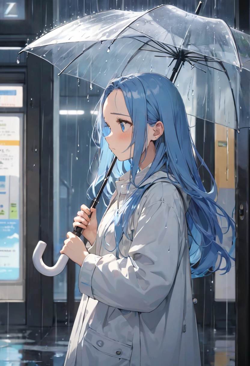 (hard rainy style) (rain:1.4 in the Station entrance), (hand holding a big detailed umbrella), (profile solo:2, 15 yo forehead blue hair long hair lovely girl, cute blue eyes, anxiety face), break, background a rain city, BREAK, perfect anatomy, masterpiece, best quality, 16k, beautiful detailed Raindrop reflection, daydreaming expression.