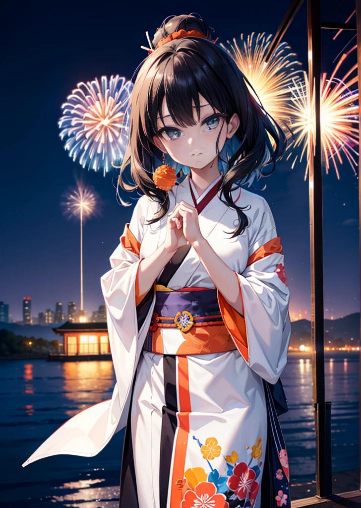 Takada Rokka, Black Hair, blue eyes, Long Hair, orange Scrunchie, Scrunchie, wrist Scrunchie, single hair band,White Kimono,Thick sleeves,日本のfestival,夏festivalの屋台,Red lantern,happy smile, smile, Open your mouth,Fireworks,The place is a fireworks display、Time is night,Walking,So that the whole body goes into the illustration,
break outdoors, festival,
break looking at viewer,Upper Body,(Cowboy Shot:1. 5),
break (masterpiece:1.2), Highest quality, High resolution, unity 8k wallpaper, (shape:0.8), (Fine and beautiful eyes:1.6), Highly detailed face, Perfect lighting, Highly detailed CG, (Perfect hands, Perfect Anatomy),