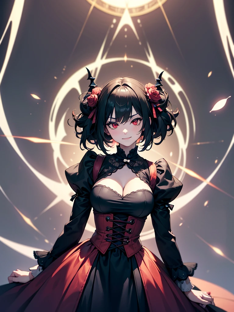 black hair, (solo), (black victorian dress), (smirk), red eyes, pale skin, (pale), ((dark aura)), ((fiendish aura)), indoors, large breasts, ((dark energy aura))