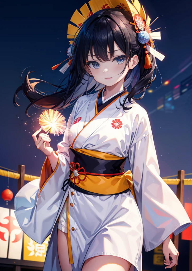 Takada Rokka, Black Hair, blue eyes, Long Hair, orange Scrunchie, Scrunchie, wrist Scrunchie, single hair band,White Kimono,Thick sleeves,日本のfestival,夏festivalの屋台,Red lantern,happy smile, smile, Open your mouth,Fireworks,The place is a fireworks display、Time is night,Walking,So that the whole body goes into the illustration,
break outdoors, festival,
break looking at viewer,Upper Body,(Cowboy Shot:1. 5),
break (masterpiece:1.2), Highest quality, High resolution, unity 8k wallpaper, (shape:0.8), (Fine and beautiful eyes:1.6), Highly detailed face, Perfect lighting, Highly detailed CG, (Perfect hands, Perfect Anatomy),