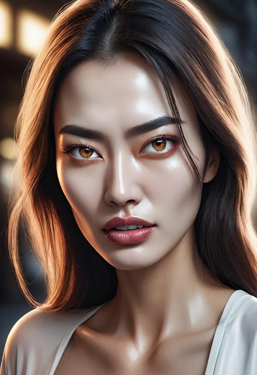 Ultra-high resolution, (Realistic, photo Realistic:1.37)　Very beautiful and shining eyes　Apparition　woman　Personification　Slit-Mouth Woman　Mouth split down to earlobe　scared　Large Breasts　background　Town　Upper Body　Alluring　