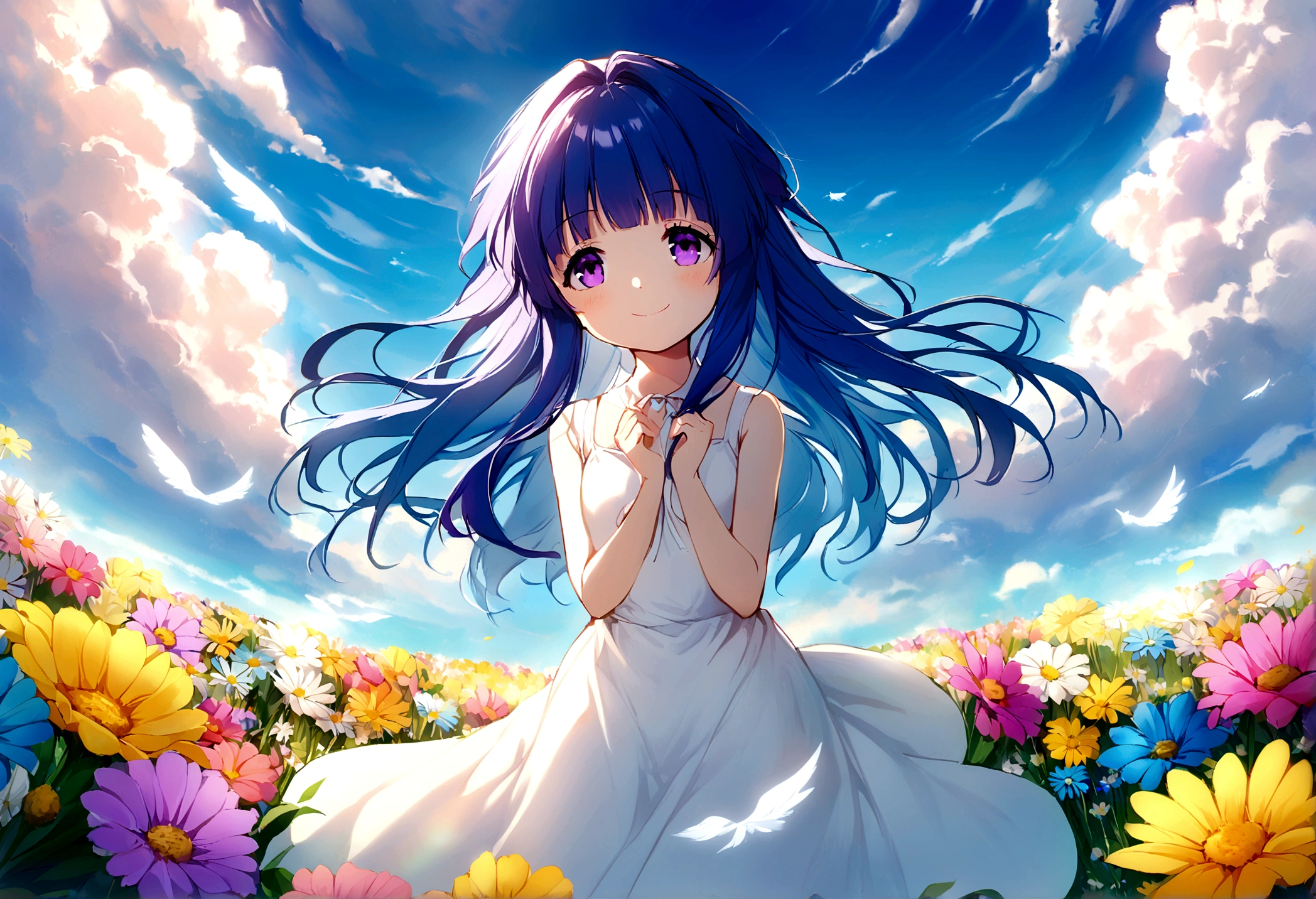 (furude rika), blue hair, purple eyes, 1 Girl, alone, (Angel), Flower Field, Colorful flowers, Soft Light, Spring breeze, smile, Thin silk dress, blue sky, Floating clouds, Harmony with nature, Reflection of light, Kindness
