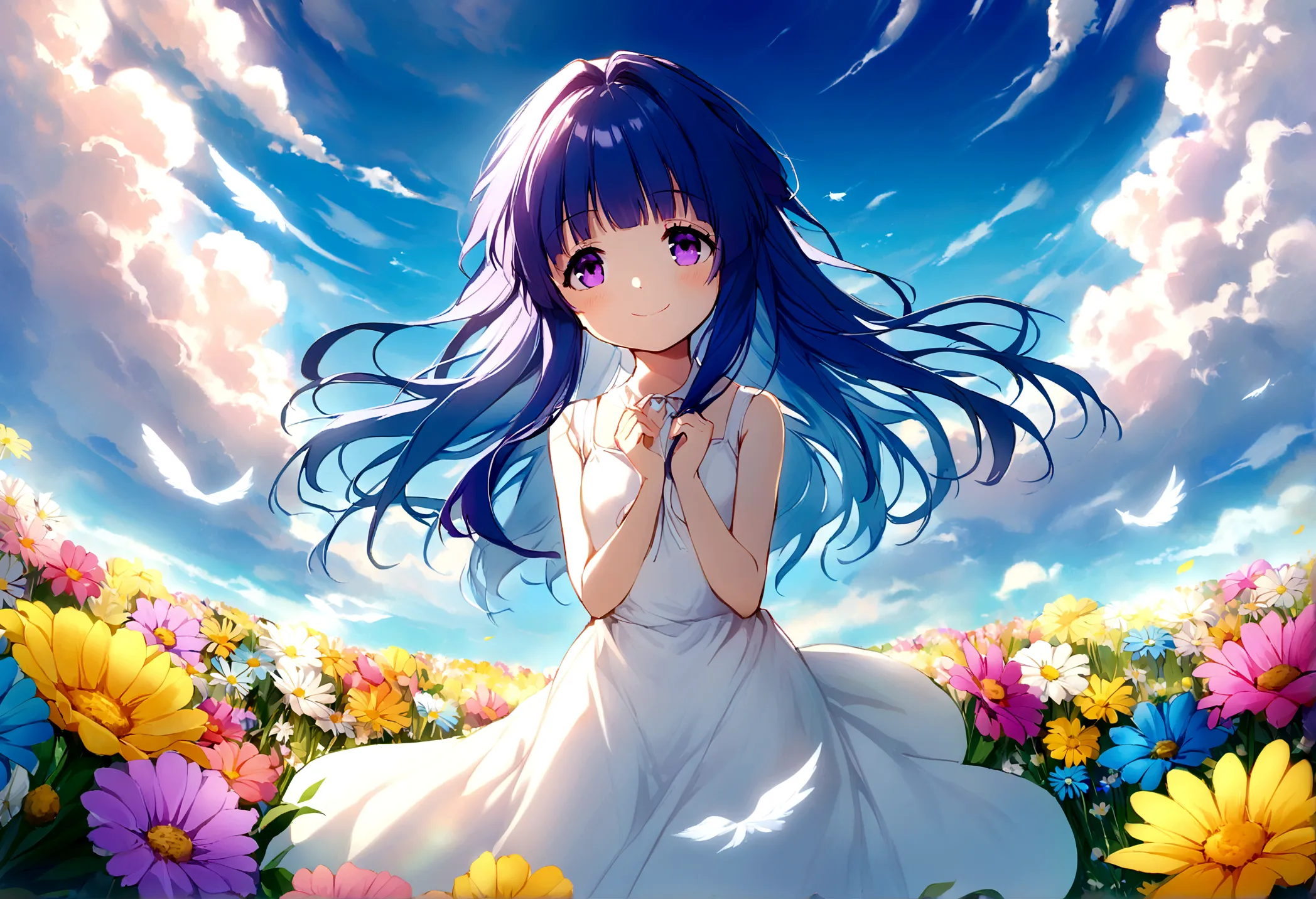 (furude rika), blue hair, purple eyes, 1 Girl, alone, (Angel), Flower Field, Colorful flowers, Soft Light, Spring breeze, smile,...