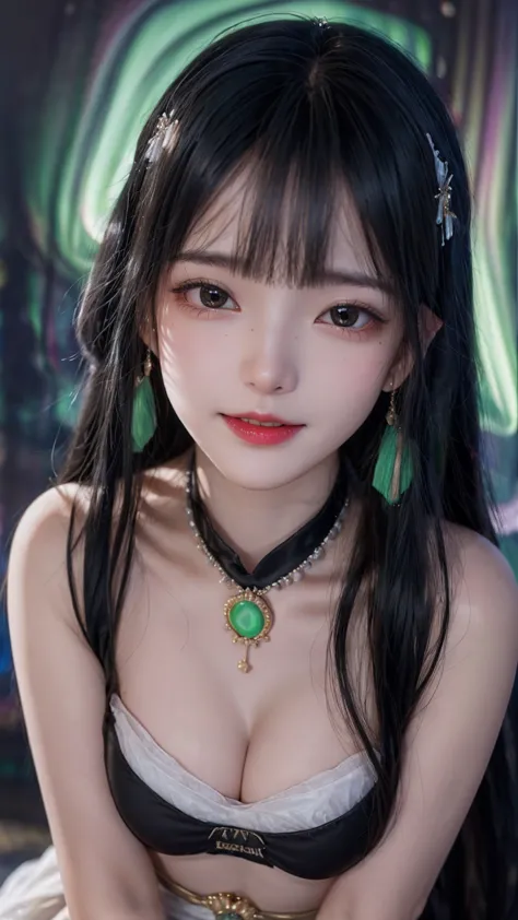 1 beautiful girl in ancient costume, ((pink and light white clothing: 0.8)), long silky black hair, hair accessories and necklac...