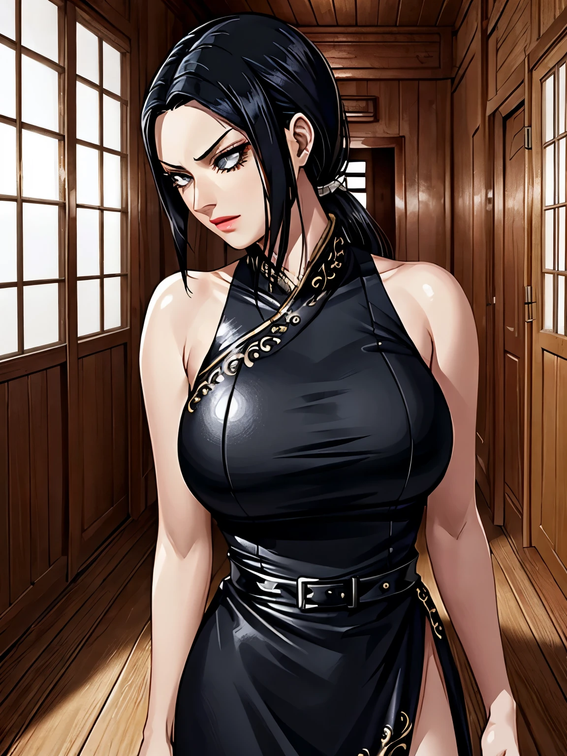 (highest quality:1.2, masterpiece), highres, 8K, Professional Lighting, Cinematic Lighting, (1girl, 1bad man:1.5), realistic & detailed illustration of Kaine, a character of Kingdom, black eyes, (black hair color, low ponytail), (ultra realistic one shoulder sexy China dress, ultra detailed single shoulder sexy China dress, armored iron boots), (((ultra realistic interior of abandoned narrow hut, ultra detailed interior of abandoned narrow hut, in ancient China))), (dark room:1.35, dark atmosphere:1.35), ultra slim waist, thin body, perfect slim body style, (((ultra huge breasts, ultra huge cleavages, ultra huge tits, ultra huge boob))), (nsfw), detailed fine eyes & clear eyes, proper figured hands & 5 fingers, standing with front view, exposed shaved armpits, disclosed shaved underarms, front view, 