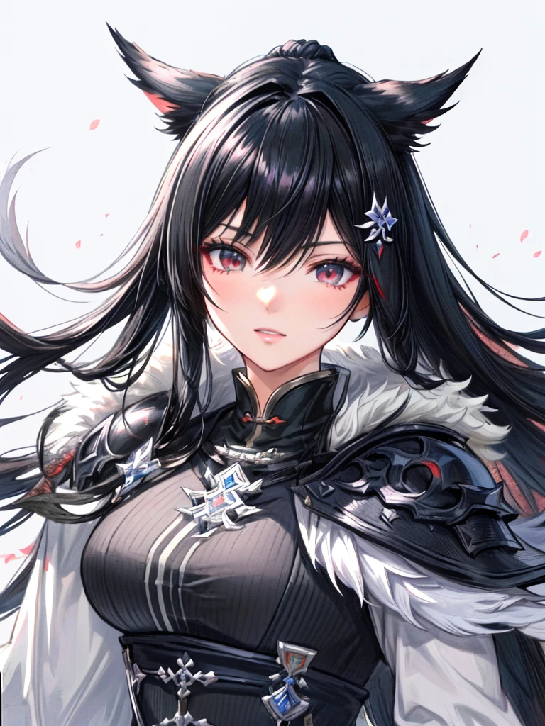 Anime-Figur mit schwarzen Haaren und schwarz-weißem Outfit, Final Fantasy-Stil 14, Final Fantasy 14 Scharf, schwarzer Hime Kurzpelz, ffxiv, mit Monsterjäger-Rüstung, Final Fantasy 1 4, final fantasy xiv, Charakter Nahaufnahme, Charakter Nahaufnahme, schwarzes Feuer, farbige reflektierte Rüstung, Inspiration von Li Mei Shu, white bangsblack hair, Schwarz könnte man eine schöne Umgebung schaffen, man könnte eine gut detaillierte Bergumgebung mit Schnee schaffen