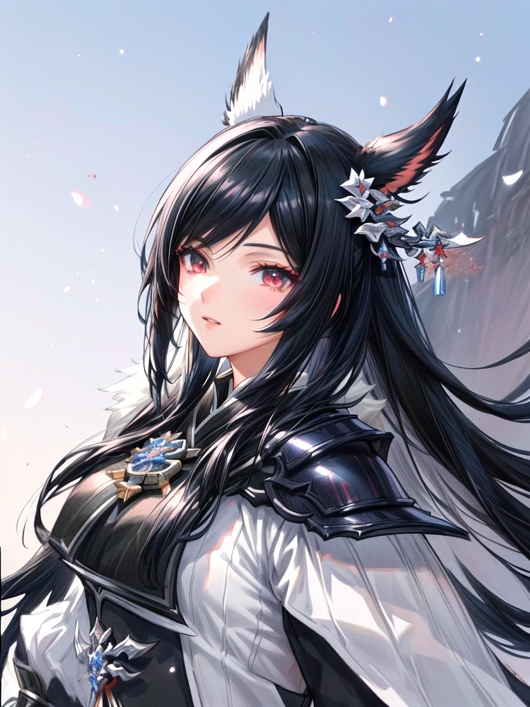 anime character with black hair and a black and white outfit, final fantasy style 14, final fantasy 14 sharp, black hime cropped fur, ffxiv, with monster hunter armor, Final Fantasy 1 4, Final Fantasy XIV, character closeup, character close up, black fire colored reflected armor, inspiration from Li Mei Shu, white bangsblack hair, negro podrias hacer un entorno hermoso podrias hacer un entorno de montañas bien detallado con nieve
