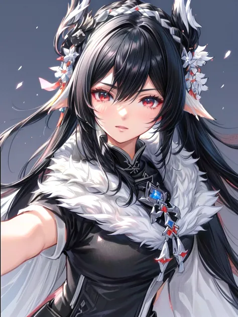 anime character with black hair and a black and white outfit, final fantasy style 14, final fantasy 14 sharp, black hime cropped...