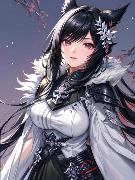 anime character with black hair and a black and white outfit, final fantasy style 14, final fantasy 14 sharp, black hime cropped...