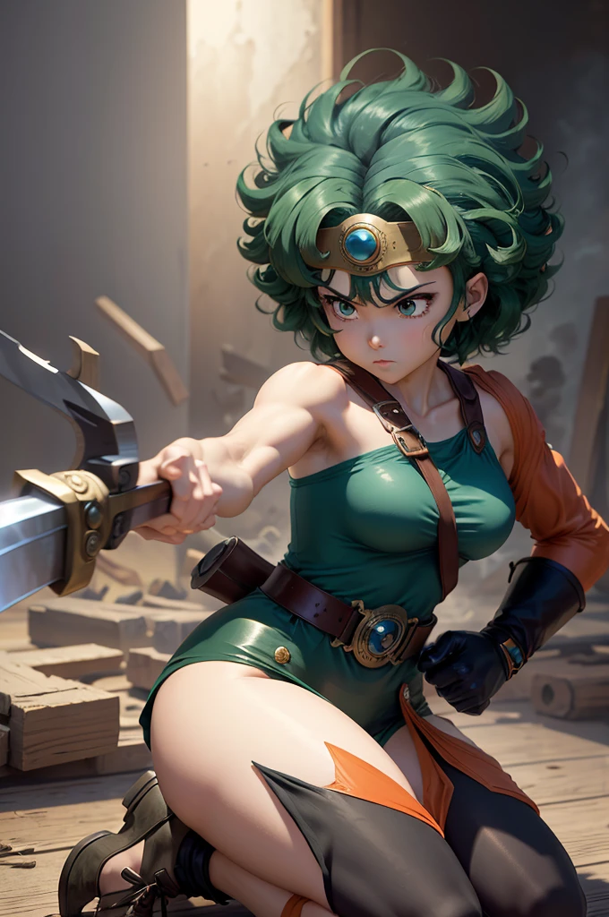 Animation worksAnime works masterpieces,most、high quality, Unreal Engine, Ultra-high resolution, Very detailed丸い胸, Medium bust 1 person,  waist, Thin,(muscular:0.9)
Actress, 
ring, curls, Green hair, short hair, Asymmetrical cloThing, tights, sash, One-handed gloves, single sleeve, single thigh high hole, Holding a sword, . anime style, key point, energetic, Studio anime,  Very detailed、　my life is about to run out. broken equipment. Kneel down on one knee. Under enemy fire.The tights is torn to pieces.