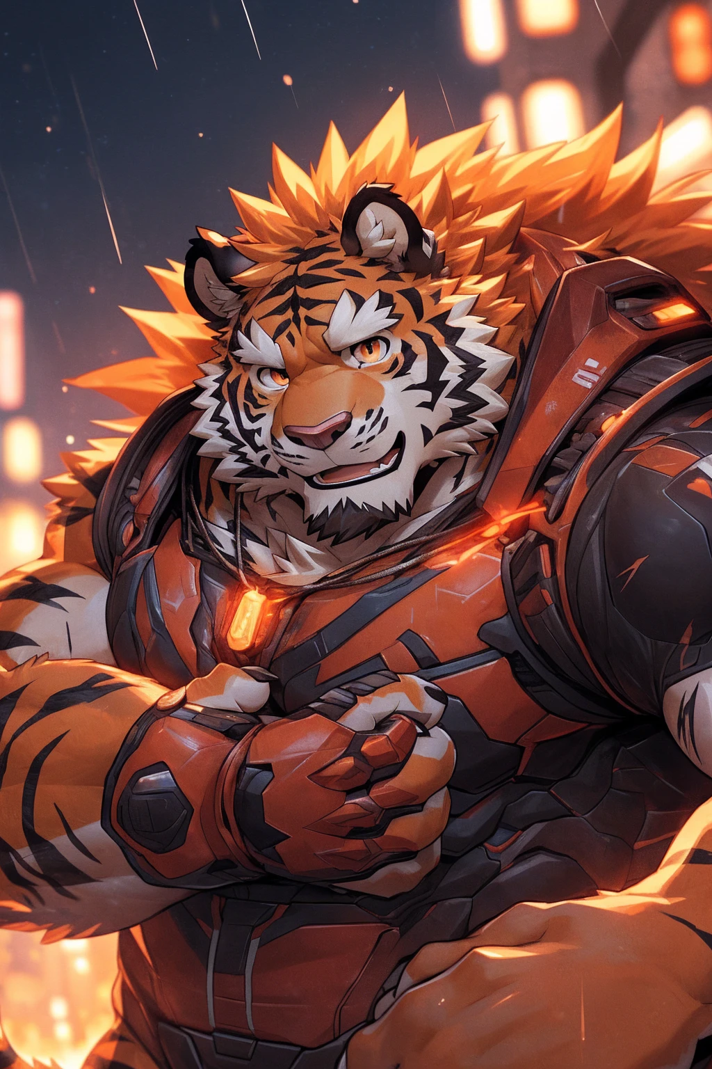 human nature, Wildlife, male,36 years old，Uncle， solitary, ((Round Face, The face is plump,Orange eyes,Thick orange hair，With scars)), ((Endomorph, Handsome，Hot Blood)), （Mecha suit，No electricity，exhaustion), ((domestic tiger, tiger，) Fluffy fur, Fluffy), Bokeh, (high quality, high resolution, masterpiece), (Dynamic Lighting, Vibrant colors), (Revitalize，harm，Disdain), Full body picture (close up), cartoon, author：Takemoto Arashi, From zixiong, By Chunni, author：Empty Ghost，（background：Rainy forest）