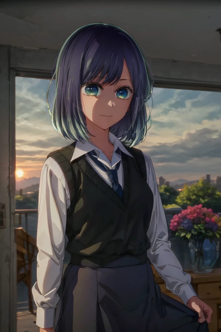 best quality, masterpiece, 1 girl, alone, detailed eyes, calm expression, reassured, tie, shirt, blue tie, blue hair, white shirt, long sleeves, looking at viewer, medium hair, collared shirt, vest, indoors, bangs, vest, closed mouth, smile, green eyes, multi-colored hair, black vest, short hair, faded hair, blue eyes, skirt, sunset, flower park background, open park background