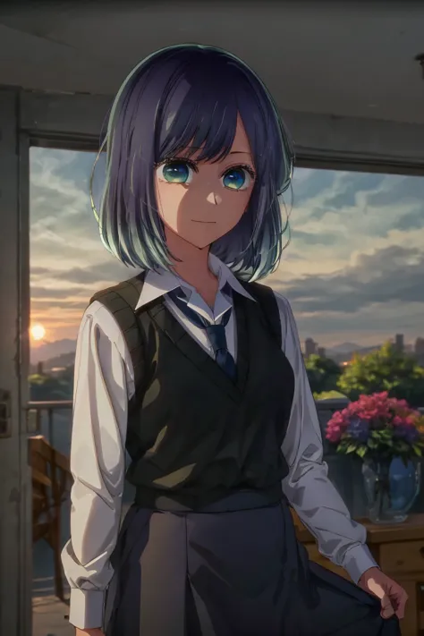 best quality, masterpiece, 1 girl, alone, detailed eyes, calm expression, reassured, tie, shirt, blue tie, blue hair, white shir...