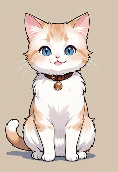 in the style of tok, cute cat, munchkin cat, looking at the viewer, sitting, smiling, simple background