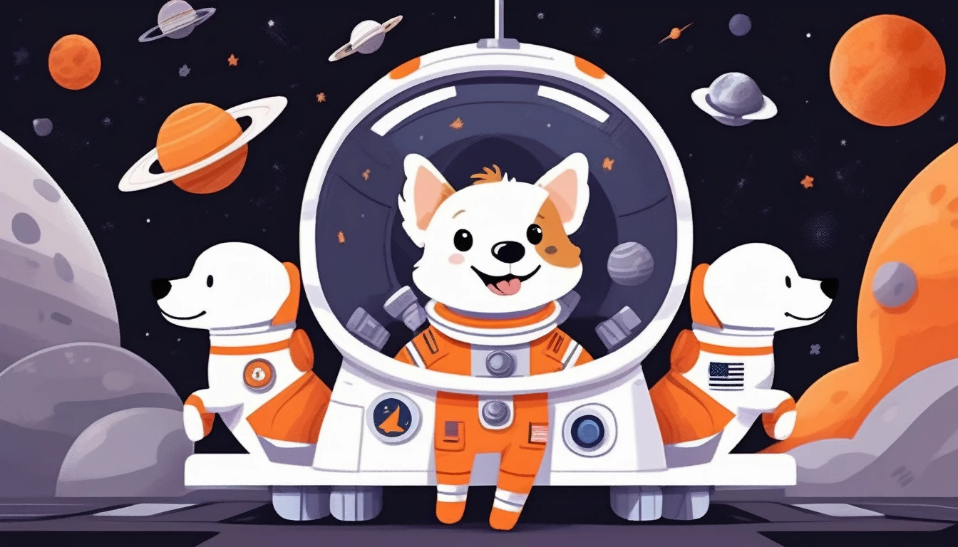 livros ilustrados infantis,pinturas em giz de cera,fundo preto,fundo simples,
Um pequeno cão astronauta dentro da nave espacial, De frente para a câmera, feliz, uniforme laranja, aproximando-se lentamente, com alta definição e qualidade,