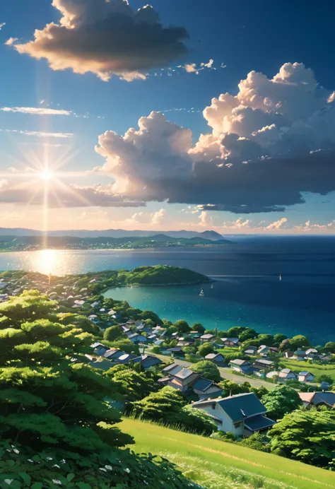 (((makoto shinkai))),summer in the countryside, midsummer, incoming clouds and trees, sea and residential area in the distance, ...