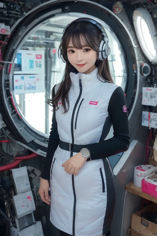 masterpiece, Highest quality, Very detailed, 8K Portrait,Japanese Android Girl,plump , Control panel,Robotic arms and legs, Blunt bangs,,break (Metallic Gray, Metallic luster, Mirror finish, Astro Best):5,headphone:5,break (Black sleeves):100,Smart Watches,Futuristic space station,Control Room,break headphone,blue eyes,(Black Hair):2,(Long Hair):1.3,Displaying the viewer,(respirator),break blush:3,Hidden Hand,smile