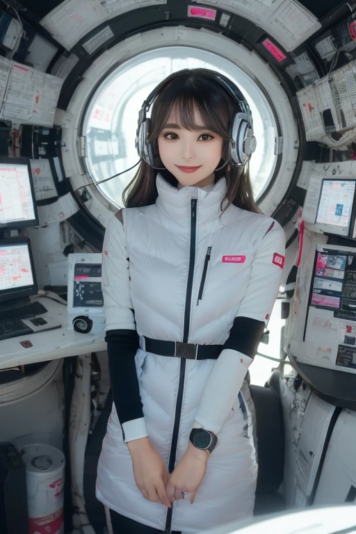 masterpiece, Highest quality, Very detailed, 8K Portrait,Japanese Android Girl,plump , Control panel,Robotic arms and legs, Blunt bangs,,break (Metallic Gray, Metallic luster, Mirror finish, Astro Best):5,headphone:5,break (Black sleeves):100,Smart Watches,Futuristic space station,Control Room,break headphone,blue eyes,(Black Hair):2,(Long Hair):1.3,Viewer Display,(respirator),break blush:3,Hidden Hand,smile