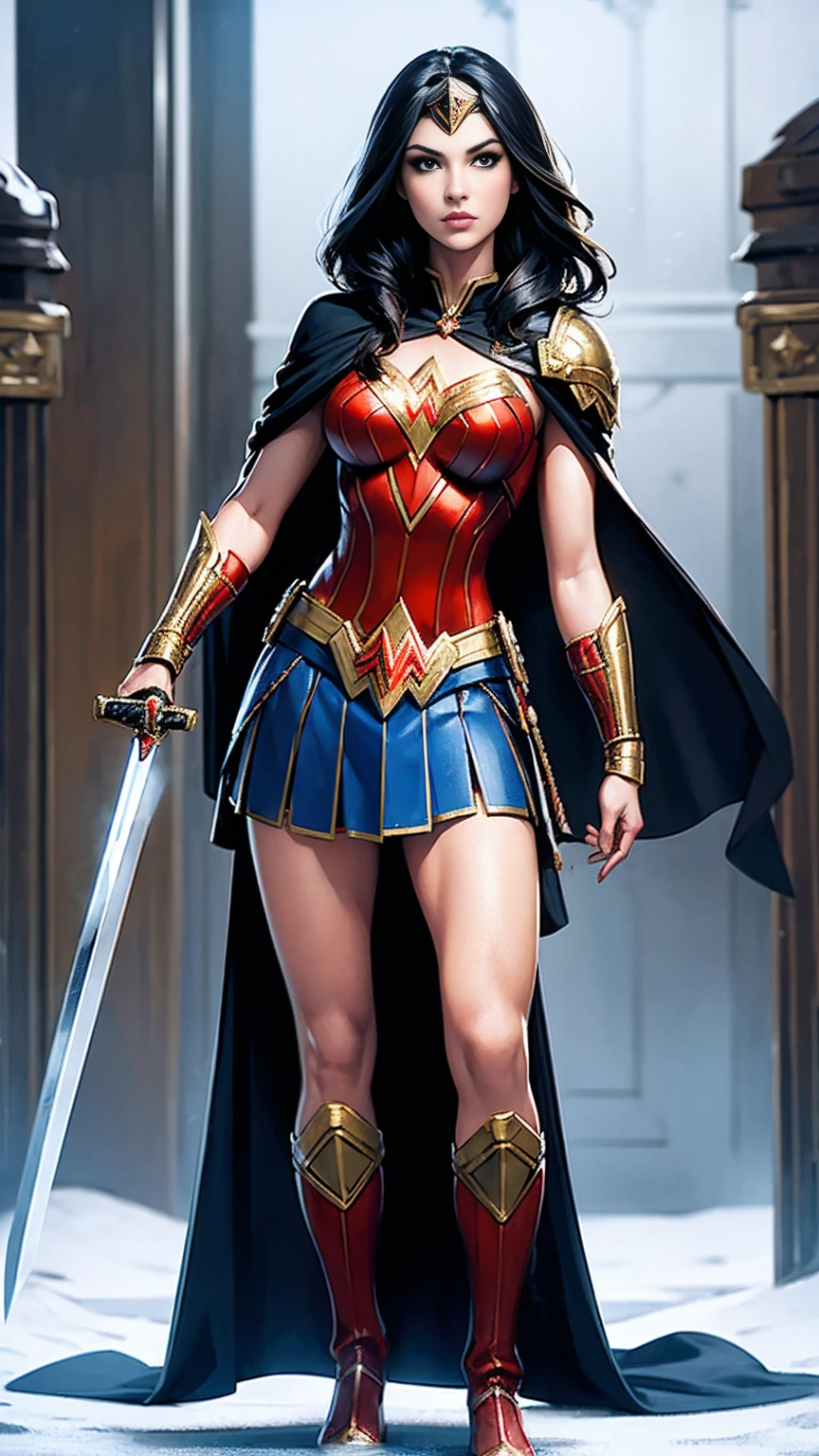 ((full body photo, standing)) masterpiece, best quality, 1girl, veronica, (((full body photo))) 1 girl, Wonder Woman, bracelet, black hair, blurred, armband, breathing, cape, cowboy shot, depth of field, restraint, gun restraint, lasso, looking at viewer , parted lips, pommel, realistic, reverse grip, shield, skirt, snow, neveing, alone, superhero, sword, tiara, toned, weapon, weapon behind back, ((work of art))
