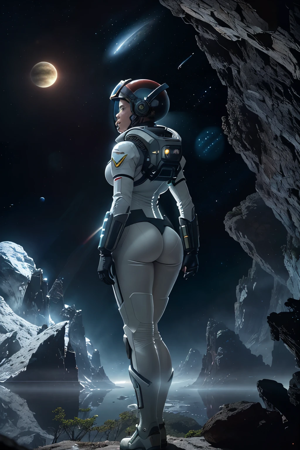 (35mmstyle:1.2), Highly detailed RAW color Photo, Rear Angle, Full Body, of (female space marine, wearing white and red space suit, futuristic helmet, tined face shield, rebreather, accentuated booty), outdoors, (standing on Precipice of tall rocky mountain, looking out at magical lush green rain forest on alien planet), vivid detail, (exotic alien planet), toned body, big butt, (sci-fi), (mountains:1.1), (lush green vegetation), (two moons in sky:0.8), (highly detailed, hyperdetailed, intricate), (lens flare:0.7), (bloom:0.7), particle effects, raytracing, cinematic lighting, shallow depth of field, photographed on a Sony a9 II, 35mm wide angle lens, sharp focus, cinematic film still from Gravity 2013, viewed from behind, dynamic angle