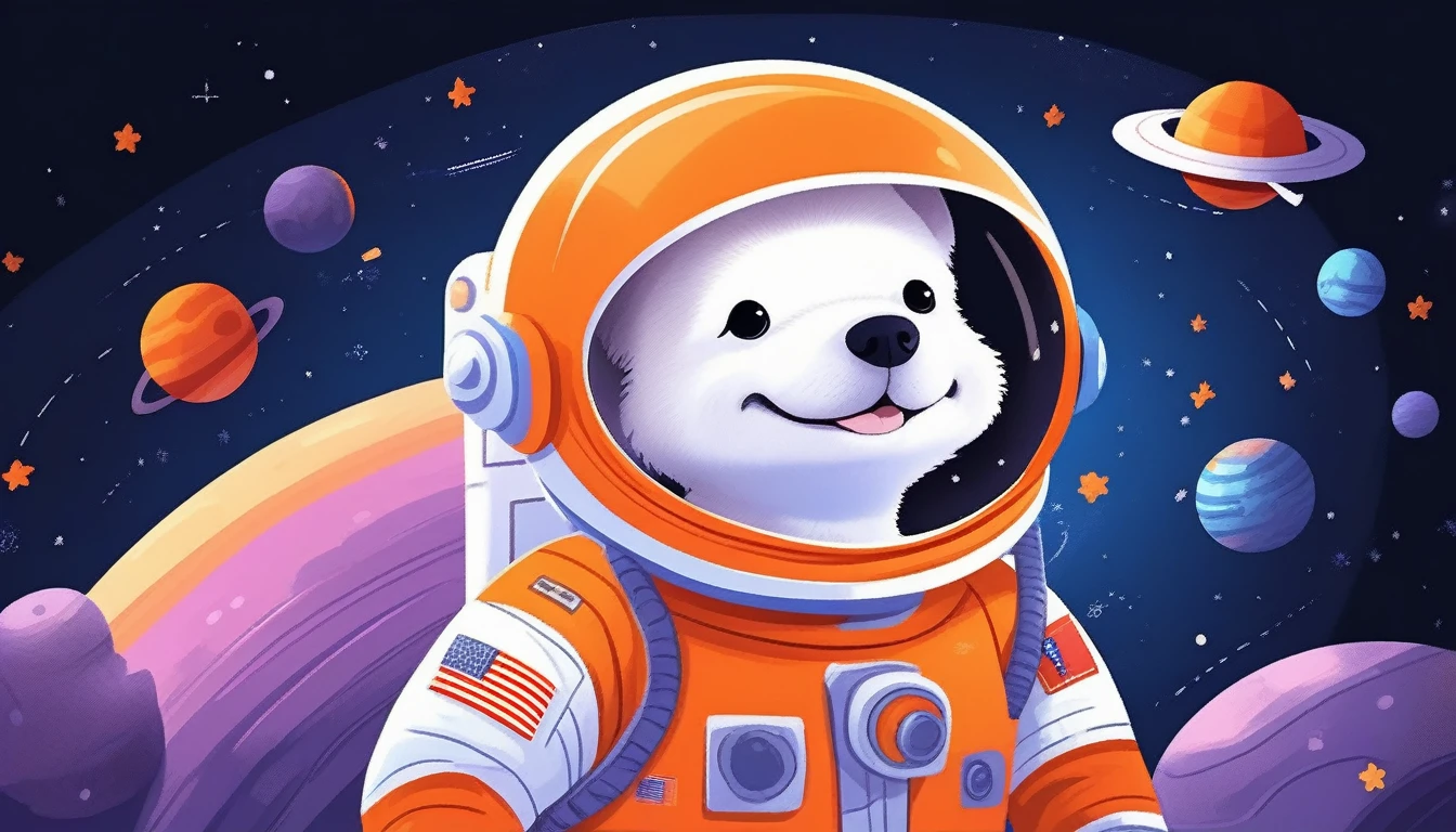 children's picture books,crayon paintings,black background,simple background,
A little dog astronaut inside in spacecraft, happy, orange uniform, slowly approaching, with high definition and quality,