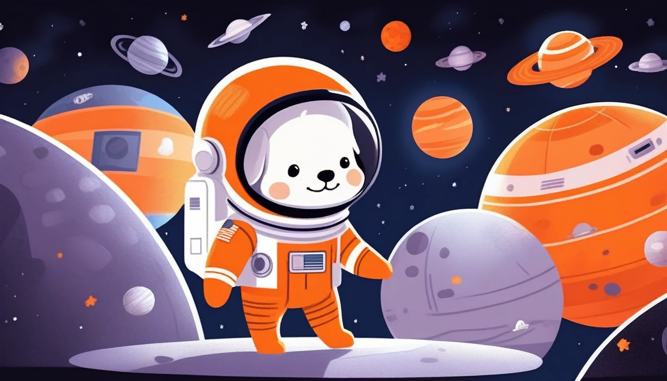 livros ilustrados infantis,pinturas em giz de cera,fundo preto,fundo simples,
Um pequeno cão astronauta dentro da nave espacial, feliz, uniforme laranja, aproximando-se lentamente, com alta definição e qualidade,