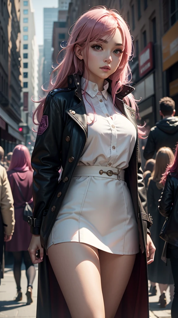 a masterpiece, best quality, highres, absurdres, 1girl, crowd, laced underwear, long trenchcoat, pink hair, gasai yuno, from below, revealing clothes, skindentation, outdoors, sunlight, street, looking at viewer, blush, detailed face, beautiful detailed eyes, beautiful detailed lips, extremely detailed face, long eyelashes, cinematic lighting, depth of field, volumetric lighting, photorealistic, digital painting, concept art, vibrant colors, dynamic pose