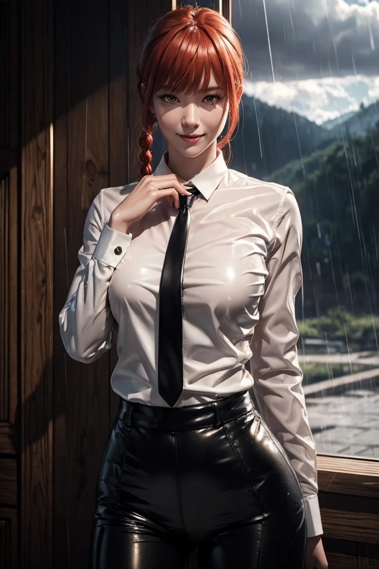 Chainsaw Man,Makima,With bangs,Red Hair,Braids at the back,Golden Eyes,White long sleeve shirt,Black tie,Black Leather Pants,Ultra HD,super high quality,masterpiece,Digital SLR,Photorealistic,Detailed Details部,Vivid details,Depicted in detail,A detailed face,Detailed Details,Super Detail,Realistic skin texture,Anatomical basis,Perfect Anatomy,Anatomically correct hand,Anatomically correct fingers,Complex 3D rendering,Sexy pose,Rainy Sky,Beautiful scenery,Fantastic rainy sky,Picturesque,Pink Lips,smile,