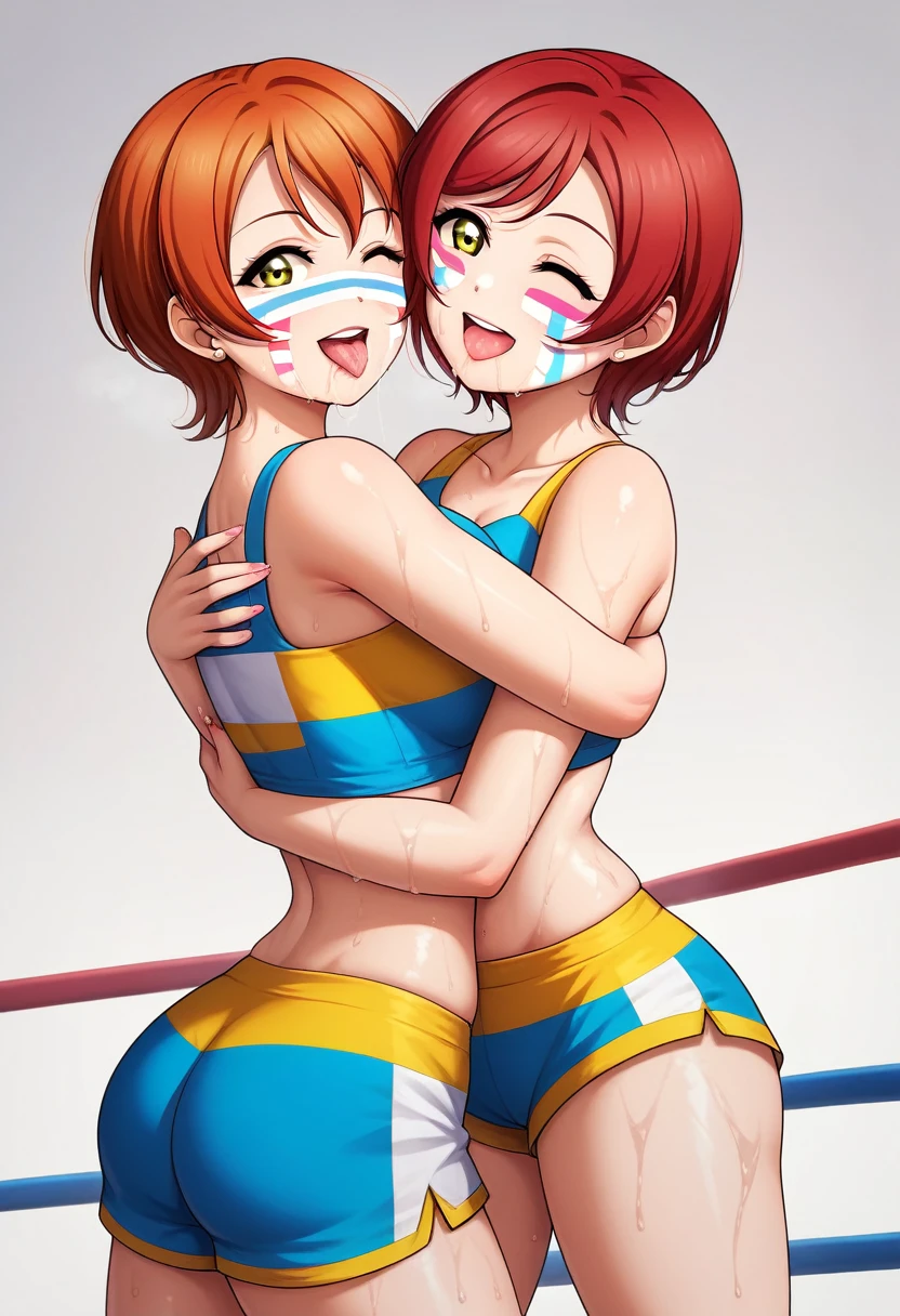 Masterpiece, sksrin, beautiful , from behind, looking back,facial details, 8k wallpaper, Rin Hoshizora Love Live, short hair, white gym bra, shorts , wrestling outfit,(lipstick:0.8), (face paint:1.2),wink, moist skin,thin waist ,short girl, skindentation , tongue out, open mouth , wet tongue, smile , hug, 2girls ,yuri, saliva trail 