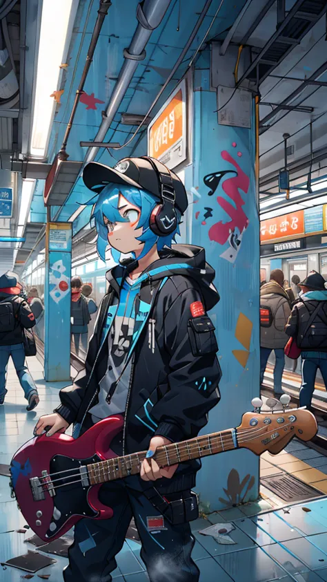 in a gritty subway station, the solo teenager leans against a graffiti-covered pillar. their blue hair contrasts with the grimy ...