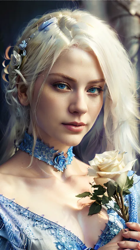 blond woman with white hair and blue eyes holding a rose, digital fantasy portrait, detailed matte fantasy portrait, fantasy art...