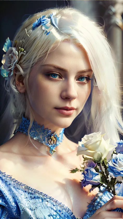 blond woman with white hair and blue eyes holding a rose, digital fantasy portrait, detailed matte fantasy portrait, fantasy art...