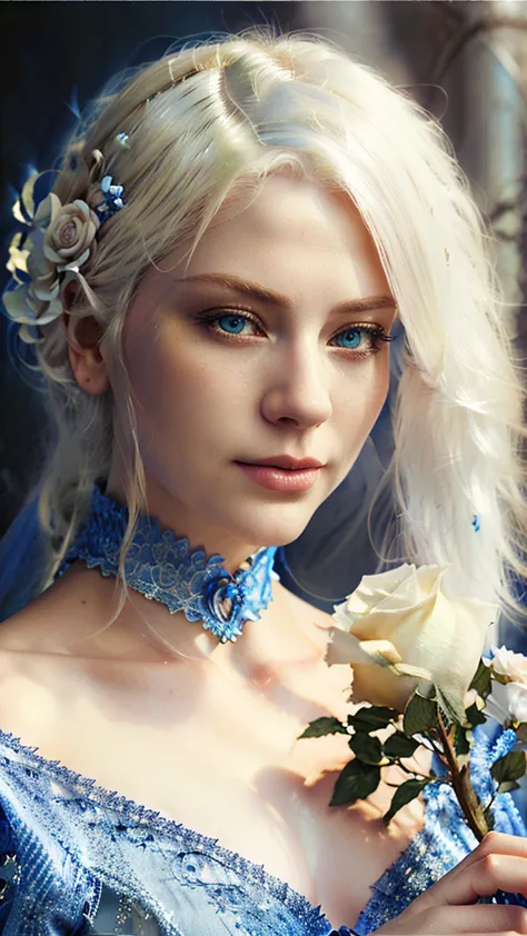 blond woman with white hair and blue eyes holding a rose, digital fantasy portrait, detailed matte fantasy portrait, fantasy art...