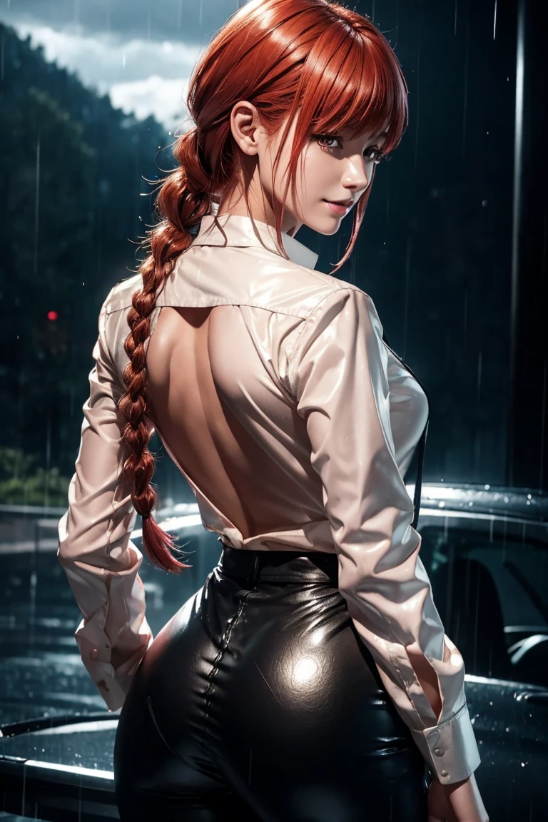 Chainsaw Man,Makima,With bangs,Red Hair,Braids at the back,Golden Eyes,White long sleeve shirt,Black tie,Black Leather Pants,Ultra HD,super high quality,masterpiece,Digital SLR,Photorealistic,Detailed Details部,Vivid details,Depicted in detail,A detailed face,Detailed Details,Super Detail,Realistic skin texture,Anatomical basis,Perfect Anatomy,Anatomically correct hand,Anatomically correct fingers,Complex 3D rendering,Sexy pose,Beautiful back view,Rainy Sky,Beautiful scenery,Fantastic rainy sky,Picturesque,Pink Lips,smile,