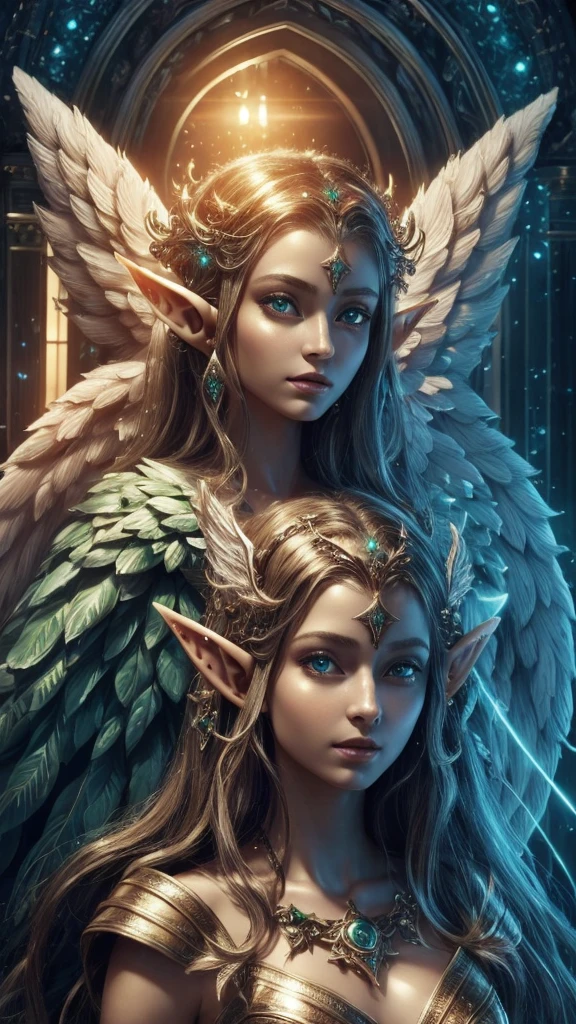 (Best quality, 4k, High-resolution, Masterpiece:1.2), Ultra-detailed, Realistic, Radiant lighting, (An Epoch Elves, angel:1.5), Portraits, Fantastical colors, Fine art, Ethereal beings, Dreamlike, Whimsical creatures, Detailed facial features, Glowing eyes, Elven beauties, Ethereal glow, Mythical creatures, Harmonious composition, Dazzling colors, Stunning visual effects, Otherworldly appearance, Mesmerizing artistry, 