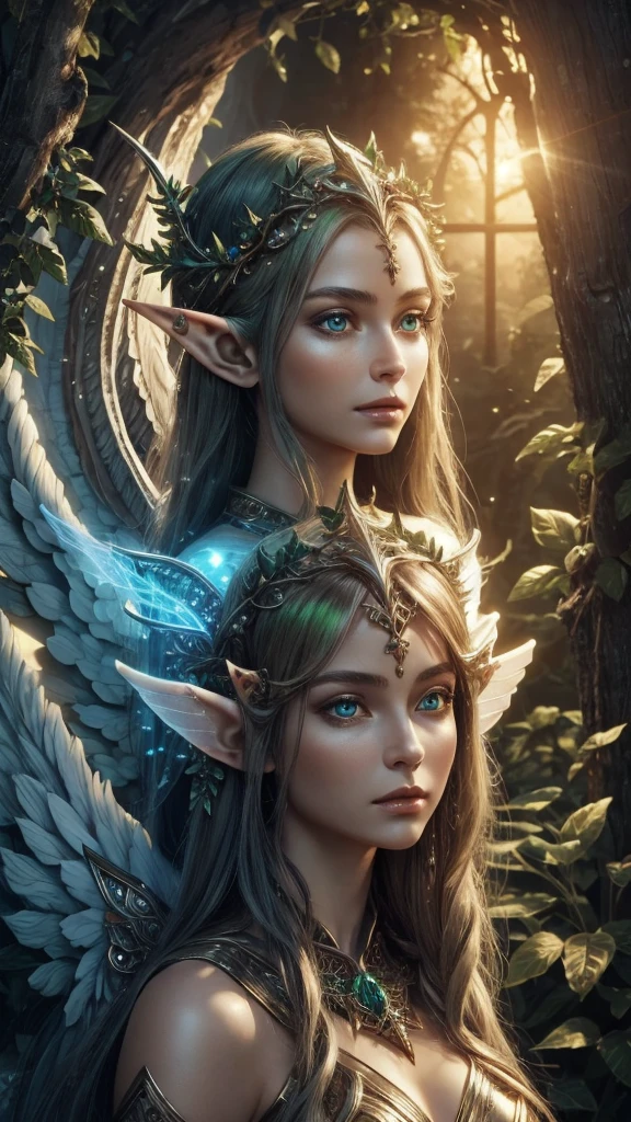 (Best quality, 4k, High-resolution, Masterpiece:1.2), Ultra-detailed, Realistic, Radiant lighting, (An Epoch Elves, angel:1.5), Portraits, Fantastical colors, Fine art, Ethereal beings, Dreamlike, Whimsical creatures, Detailed facial features, Glowing eyes, Elven beauties, Ethereal glow, Mythical creatures, Harmonious composition, Dazzling colors, Stunning visual effects, Otherworldly appearance, Mesmerizing artistry, 