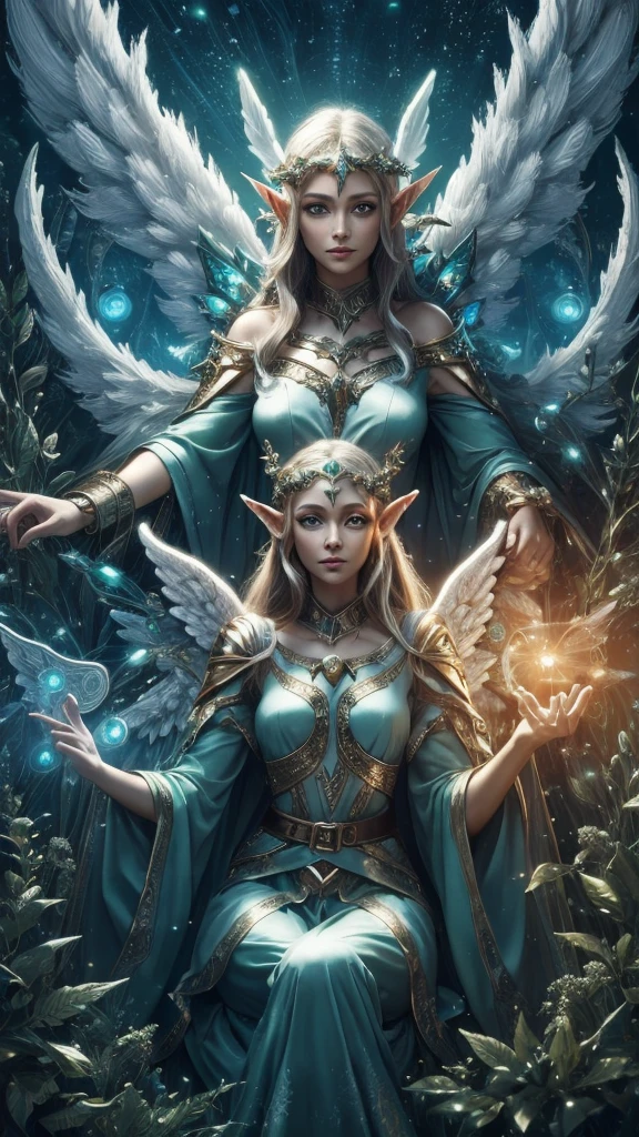 (Best quality, 4k, High-resolution, Masterpiece:1.2), Ultra-detailed, Realistic, Radiant lighting, (An Epoch Elves, angel:1.5), Portraits, Fantastical colors, Fine art, Ethereal beings, Dreamlike, Whimsical creatures, Detailed facial features, Glowing eyes, Elven beauties, Ethereal glow, Mythical creatures, Harmonious composition, Dazzling colors, Stunning visual effects, Otherworldly appearance, Mesmerizing artistry, full-body shot.